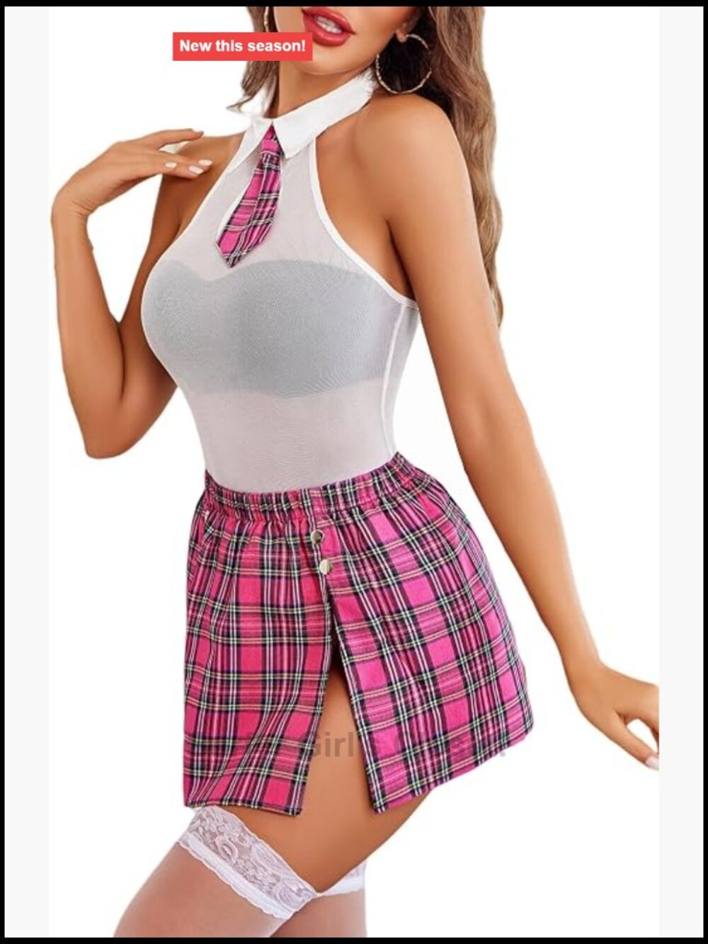 Avidlove Mesh Bodysuit Set with Plaid Mini Skirt Cosplay Lingerie